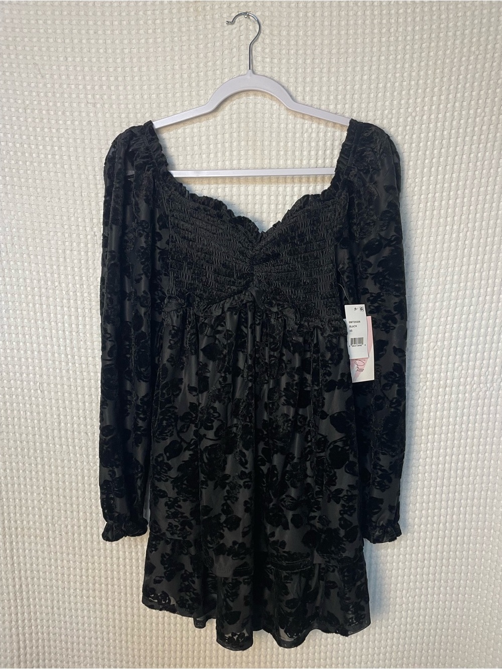 Midnight Doll JUNIORS XS, Long Sleeve Burnout Black Velvet Dress with Smocking